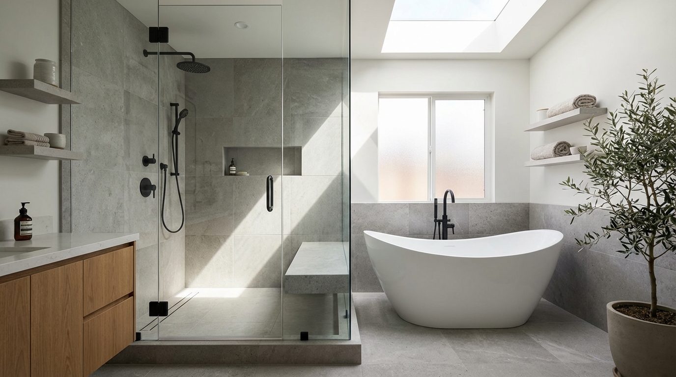 Salle de bain avec douche à l’italienne et baignoire